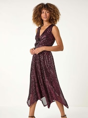 Roman Purple Sequin Wrap Twist Front Midi Dress - Image 1 of 6