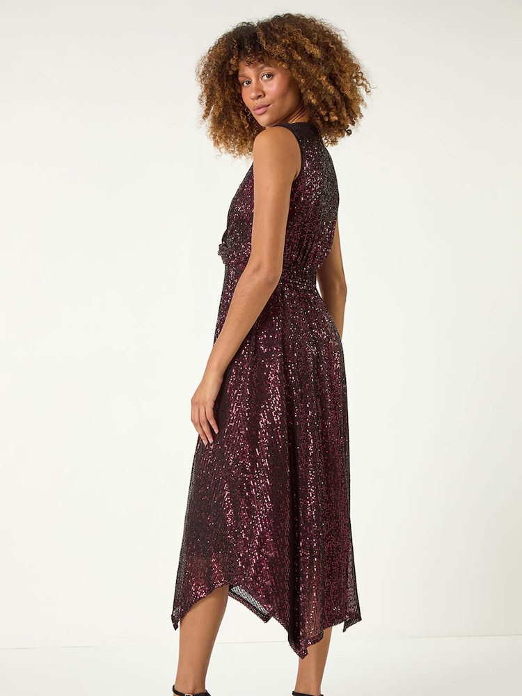 Roman Purple Sequin Wrap Twist Front Midi Dress - Image 4 of 6