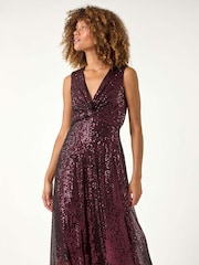 Roman Purple Sequin Wrap Twist Front Midi Dress - Image 5 of 6