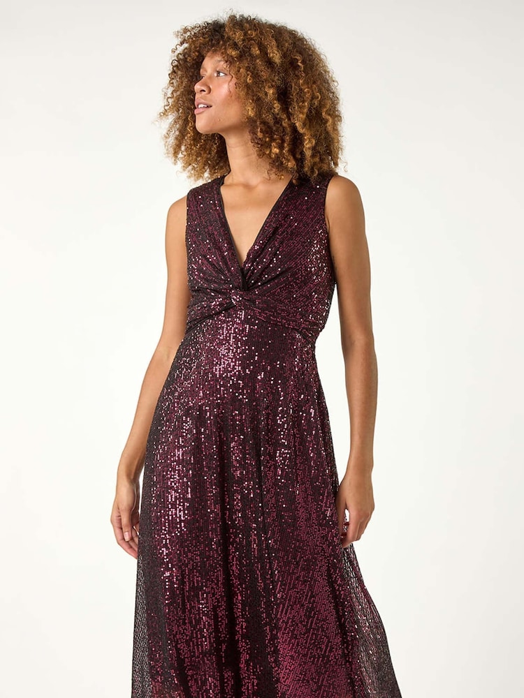 Roman Purple Sequin Wrap Twist Front Midi Dress - Image 5 of 6