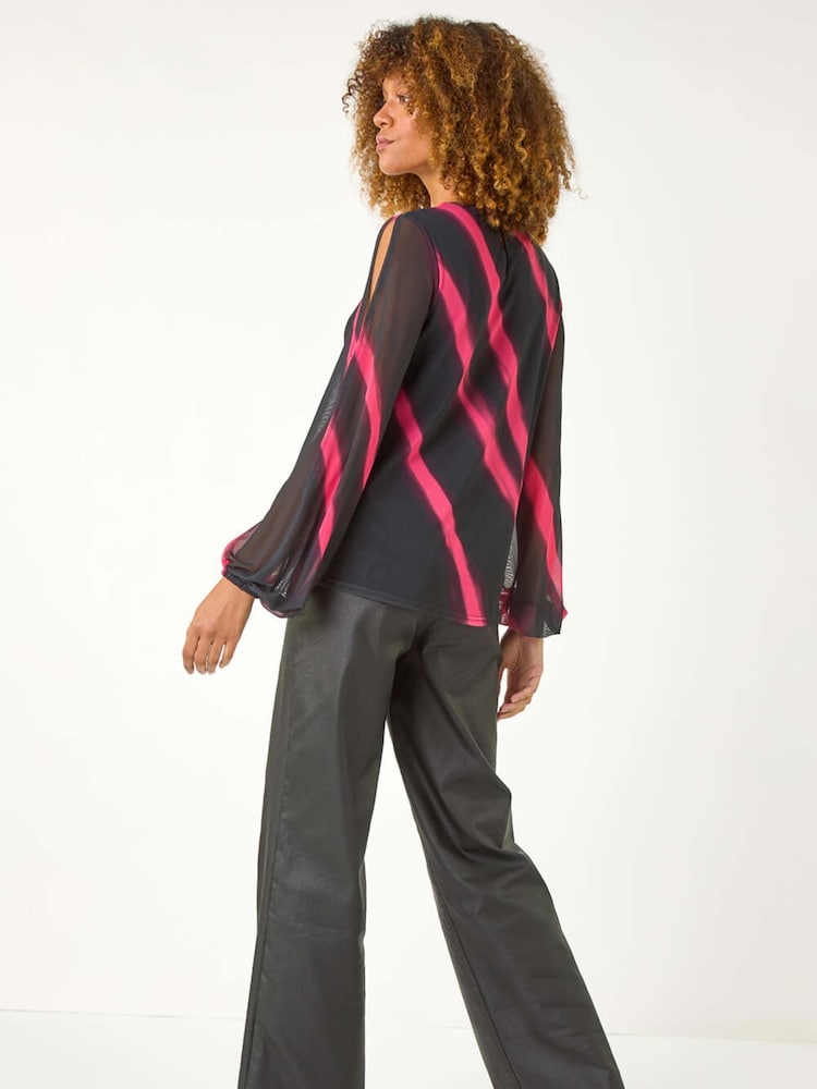 Roman Red Stripe Print Mesh Overlay Top - Image 2 of 5