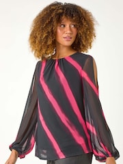 Roman Red Stripe Print Mesh Overlay Top - Image 3 of 5