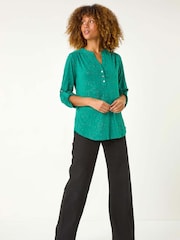 Green Roman Grey Metallic Linear Floral Stretch Blouses - Image 1 of 6