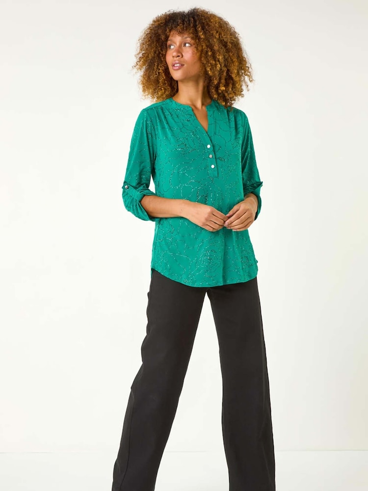 Green Roman Grey Metallic Linear Floral Stretch Blouses - Image 1 of 6