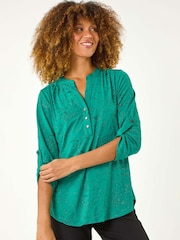 Green Roman Grey Metallic Linear Floral Stretch Blouses - Image 5 of 6