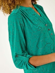 Green Roman Grey Metallic Linear Floral Stretch Blouses - Image 6 of 6
