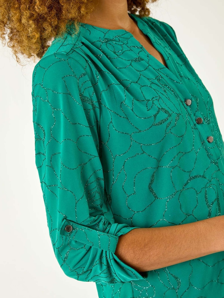 Green Roman Grey Metallic Linear Floral Stretch Blouses - Image 6 of 6