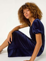 Roman Blue Velvet Ruched Bodycon Midi Dress - Image 1 of 5