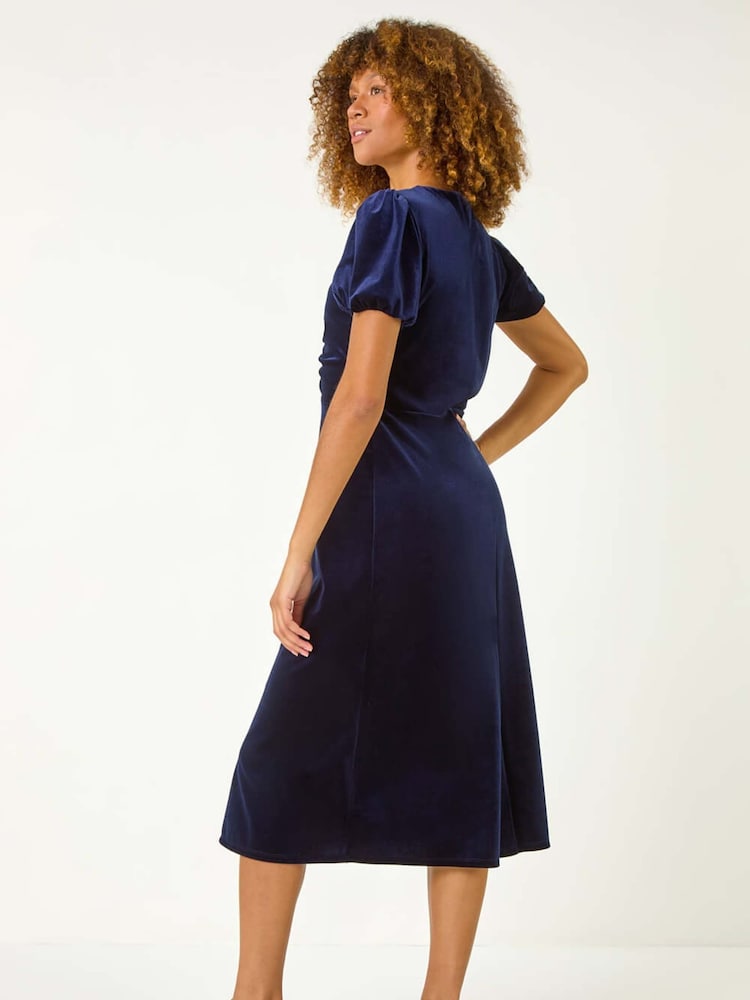 Roman Blue Velvet Ruched Bodycon Midi Dress - Image 2 of 5
