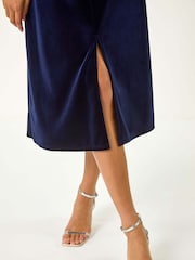 Roman Blue Velvet Ruched Bodycon Midi Dress - Image 3 of 5