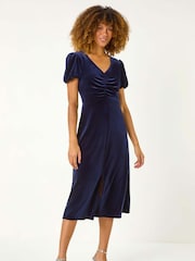 Roman Blue Velvet Ruched Bodycon Midi Dress - Image 4 of 5