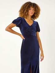 Roman Blue Velvet Ruched Bodycon Midi Dress - Image 5 of 5