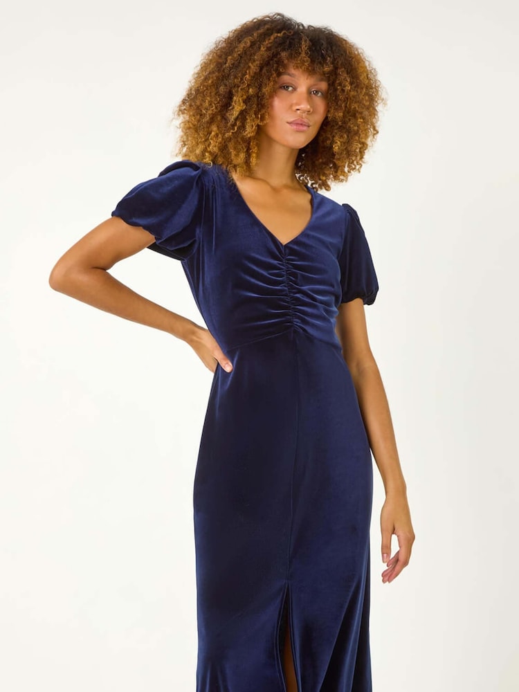 Roman Blue Velvet Ruched Bodycon Midi Dress - Image 5 of 5