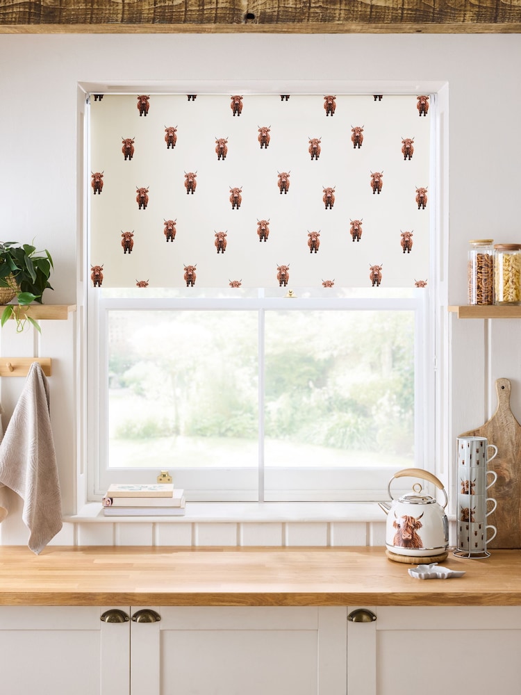 Natural Hamish the Highland Cow Ready Made Blackout Roller Kitchen Blind - Image 1 of 7