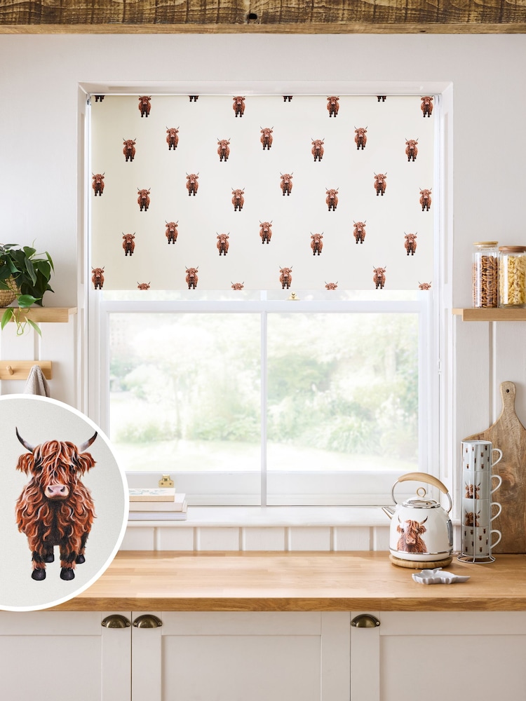 Natural Hamish the Highland Cow Ready Made Blackout Roller Kitchen Blind - Image 1 of 7 Natural Hamish the Highland Cow Ready Made Blackout Roller Kitchen Blind - Image 1 of 7