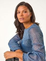 Roman Blue Shirred Yoke Metallic Plisse Top - Image 1 of 5