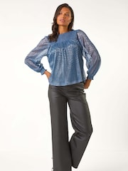 Roman Blue Shirred Yoke Metallic Plisse Top - Image 2 of 5