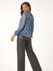 Roman Blue Shirred Yoke Metallic Plisse Top - Image 3 of 5