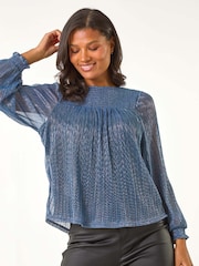 Roman Blue Shirred Yoke Metallic Plisse Top - Image 4 of 5