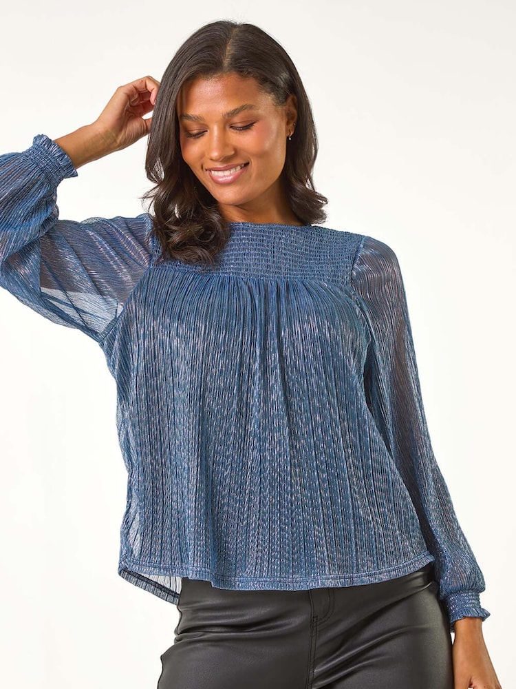 Roman Blue Shirred Yoke Metallic Plisse Top - Image 4 of 5