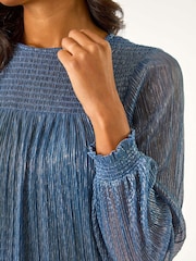 Roman Blue Shirred Yoke Metallic Plisse Top - Image 5 of 5