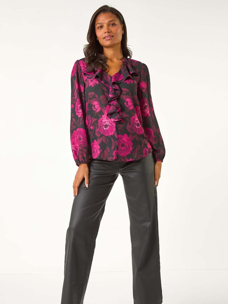 Roman Pink Floral Print Ruffle V-Neck Top - Image 2 of 5 Roman Pink Floral Print Ruffle V-Neck Top - Image 2 of 5