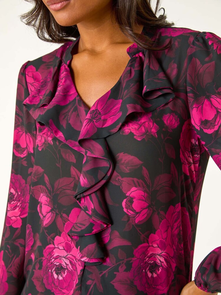 Roman Pink Floral Print Ruffle V-Neck Top - Image 5 of 5 Roman Pink Floral Print Ruffle V-Neck Top - Image 5 of 5