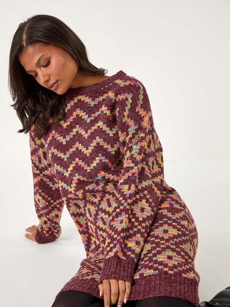 Roman Red Geometric Print Jacquard Knitted Jumper Dress - Image 1 of 6