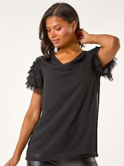 Roman Black Cowl Neck Shoulder Sequin Frill Top - Image 4 of 5