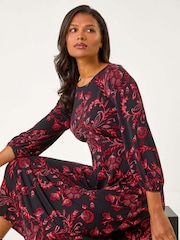 Roman Red Floral Print A-Line Midi Dress - Image 1 of 5
