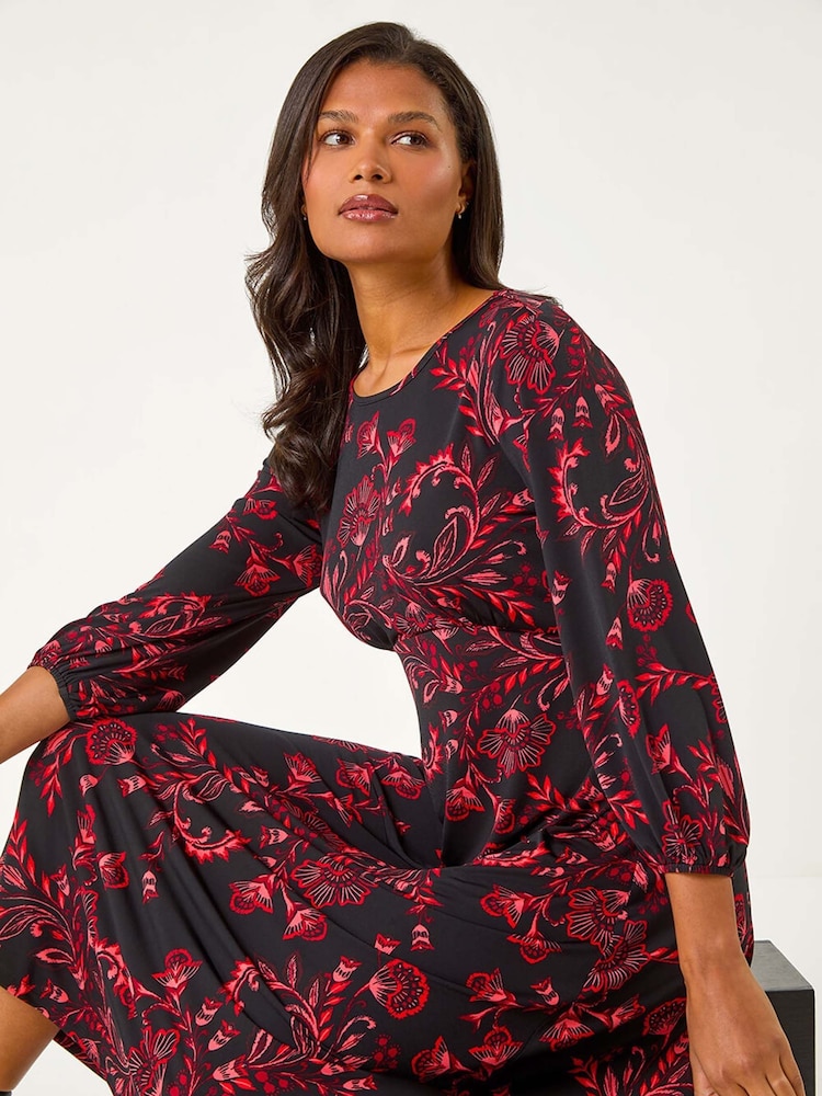 Roman Red Floral Print A-Line Midi Dress - Image 1 of 5