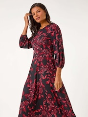 Roman Red Floral Print A-Line Midi Dress - Image 2 of 5