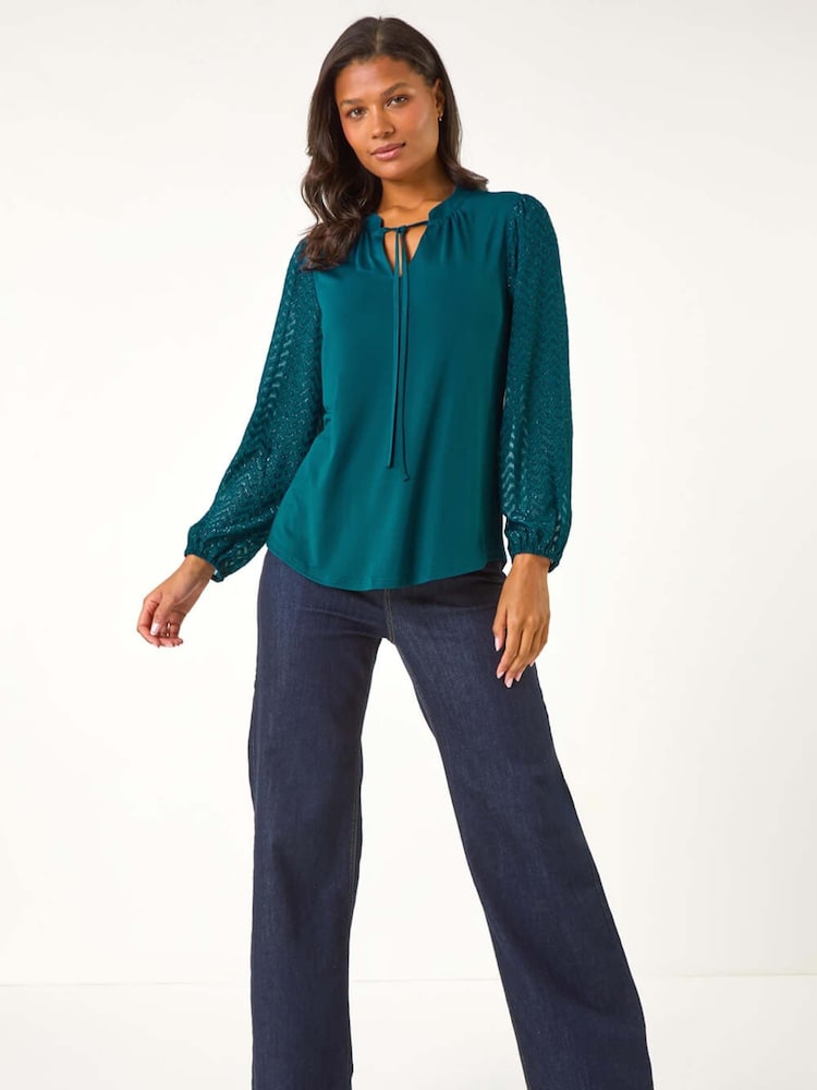 Roman Woven Zig Zag Sleeve Tie Front Top - Imagen 2 de 5 Roman Woven Zig Zag Sleeve Tie Front Top - Imagen 2 de 5