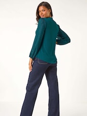 Roman Woven Zig Zag Sleeve Tie Front Top - Imagen 3 de 5
