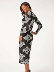 Roman Black Floral Print Lace Mesh Midi Dress - Image 4 of 6