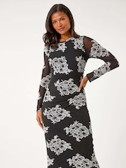Roman Black Floral Print Lace Mesh Midi Dress - Image 5 of 6