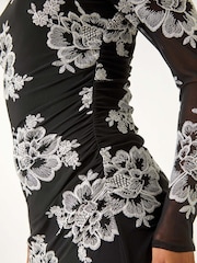 Roman Black Floral Print Lace Mesh Midi Dress - Image 6 of 6