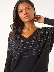 Roman Black Relaxed Hotfix V-Neck Knitted Jumper - Image 1 of 5