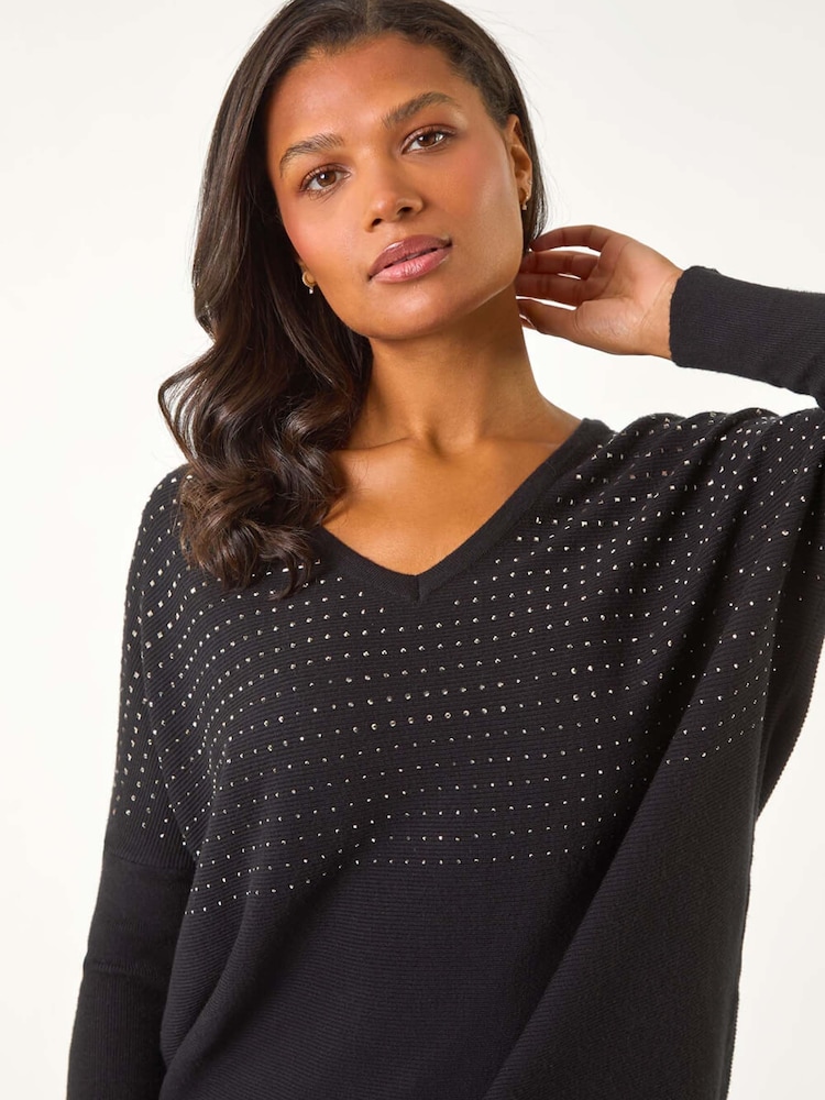 Roman Black Relaxed Hotfix V-Neck Knitted Jumper - Image 1 of 5