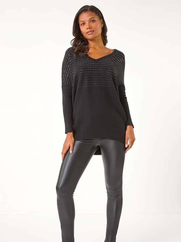 Roman Black Relaxed Hotfix V-Neck Knitted Jumper - Image 2 of 5 Roman Black Relaxed Hotfix V-Neck Knitted Jumper - Image 2 of 5