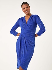 Roman Blue Floral Print Glitter Wrap Stretch Dress - Image 1 of 5