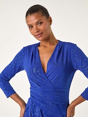 Roman Blue Floral Print Glitter Wrap Stretch Dress - Image 4 of 5