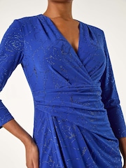 Roman Blue Floral Print Glitter Wrap Stretch Dress - Image 5 of 5