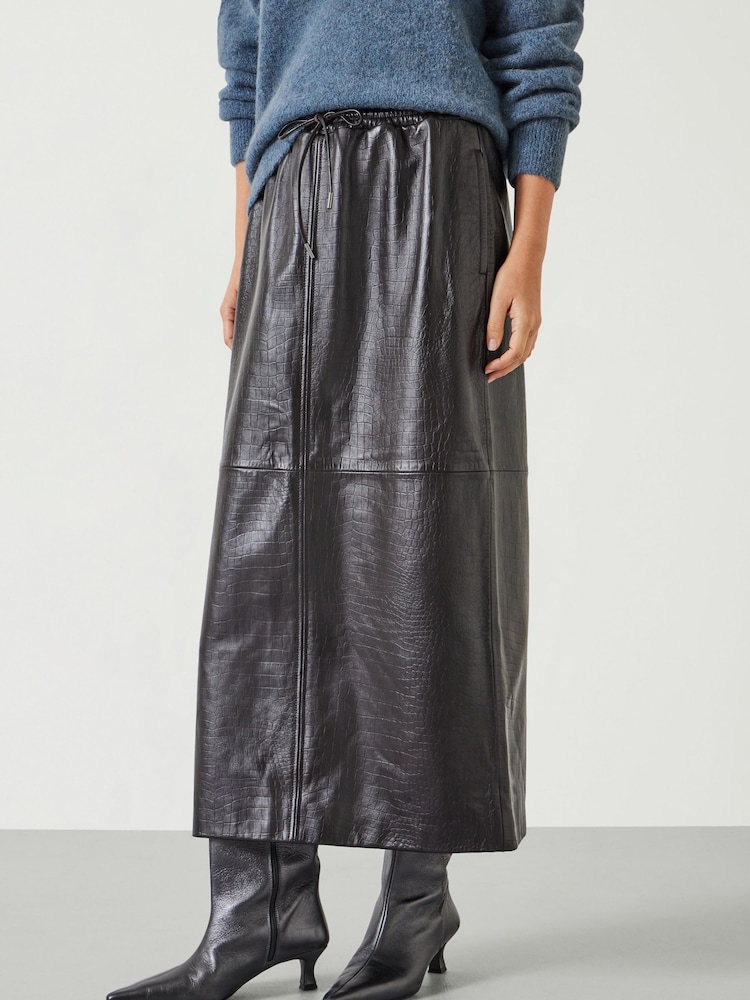 Hush Brown Crocodile Embossed Leather Midi Skirt - Image 1 of 5