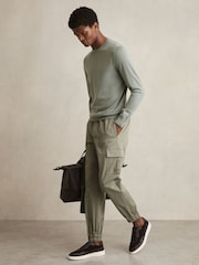 Reiss Washed Khaki Green Haven Cotton Drawstring Cargo Trousers - Image 1 of 6