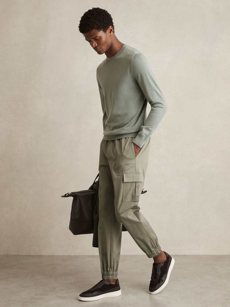 Reiss Washed Khaki Green Haven Cotton Drawstring Cargo Trousers - Image 1 of 6
