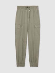 Reiss Washed Khaki Green Haven Cotton Drawstring Cargo Trousers - Image 2 of 6