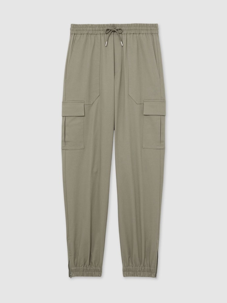 Reiss Washed Khaki Green Haven Cotton Drawstring Cargo Trousers - Image 2 of 6