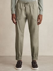 Reiss Washed Khaki Green Haven Cotton Drawstring Cargo Trousers - Image 3 of 6