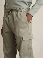 Reiss Washed Khaki Green Haven Cotton Drawstring Cargo Trousers - Image 4 of 6